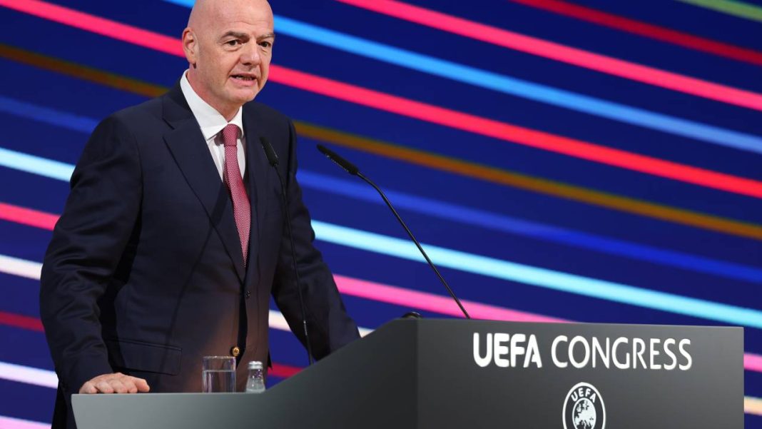 BELGRADE, SERBIA - APRIL 03: FIFA President Gianni Infantino speaks during the 49th Ordinary UEFA Congress at Sava Centar on April 03, 2025 in Belgrade, Serbia