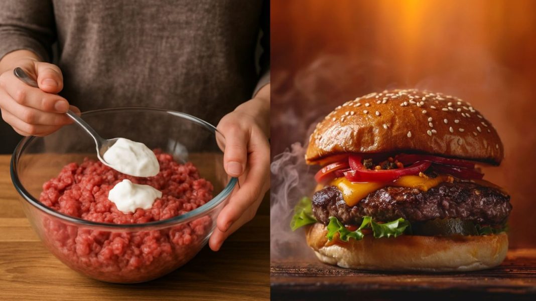 Imagem dividida mostrando na esquerda uma tigela com carne moída sendo preparada junto a duas colheres de creme de leite, e na direita um cheeseburger suculento com queijo, alface e molho, perfeito para quem busca fazer hambúrguer caseiro.