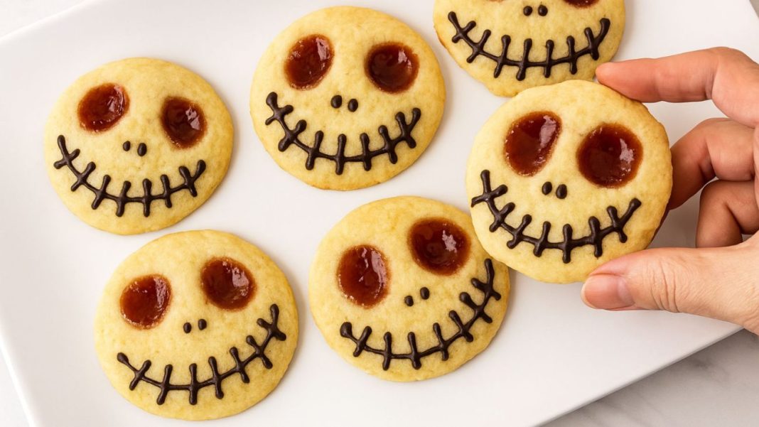 O segredo da receita está na geleia, que dá o toque final aos cookies de esqueleto.