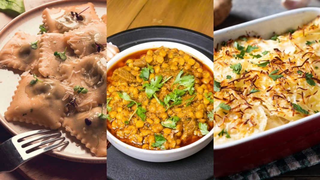 Ravioli, curry de grão-de-bico e escondidinho de carne.